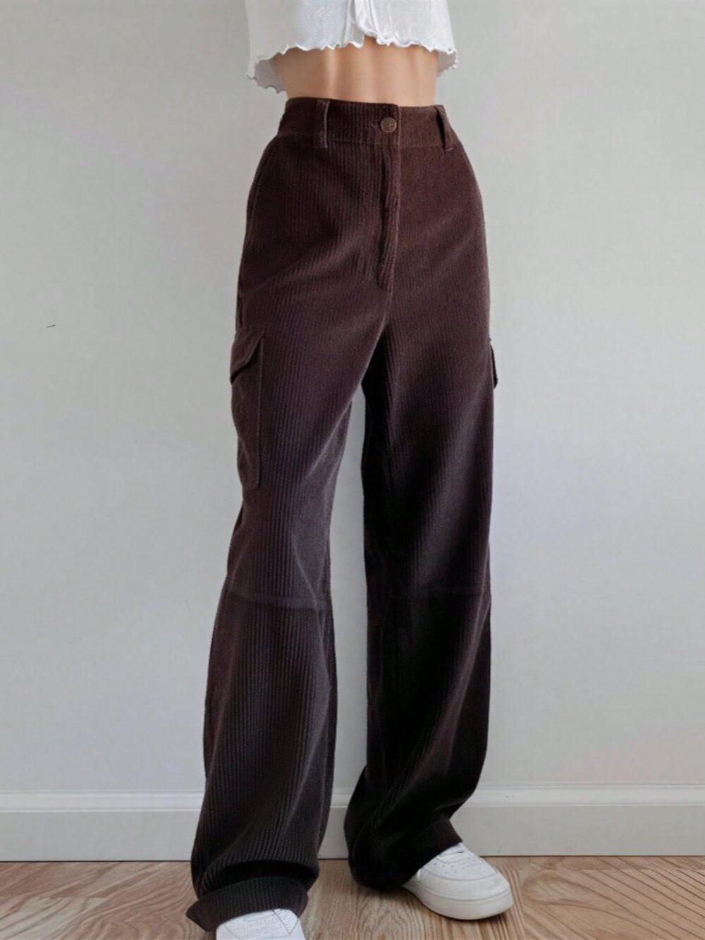 Coffee Brown Elegant Women's Y2k Baggy Corduroy Pants - Picture 4 of 4